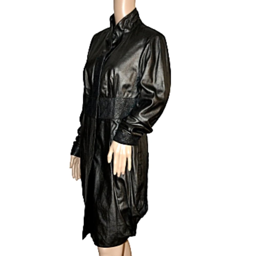 Vintage Gian Mori Black Leather Duster Jacket 42 8 - Picture 1 of 12